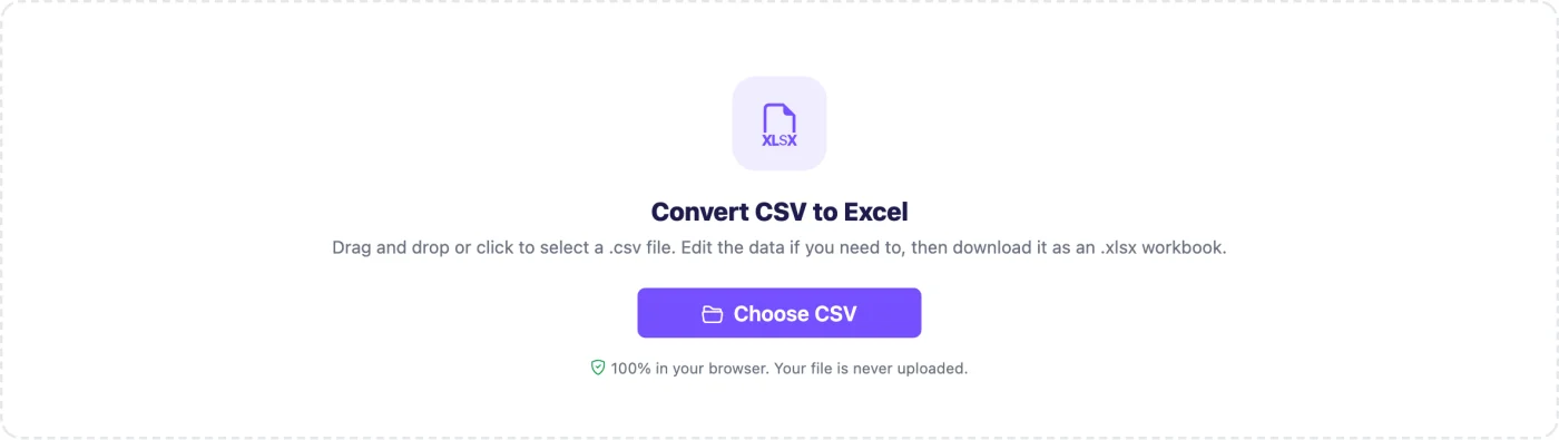CSV to XLSX converter upload screen with Choose CSV button