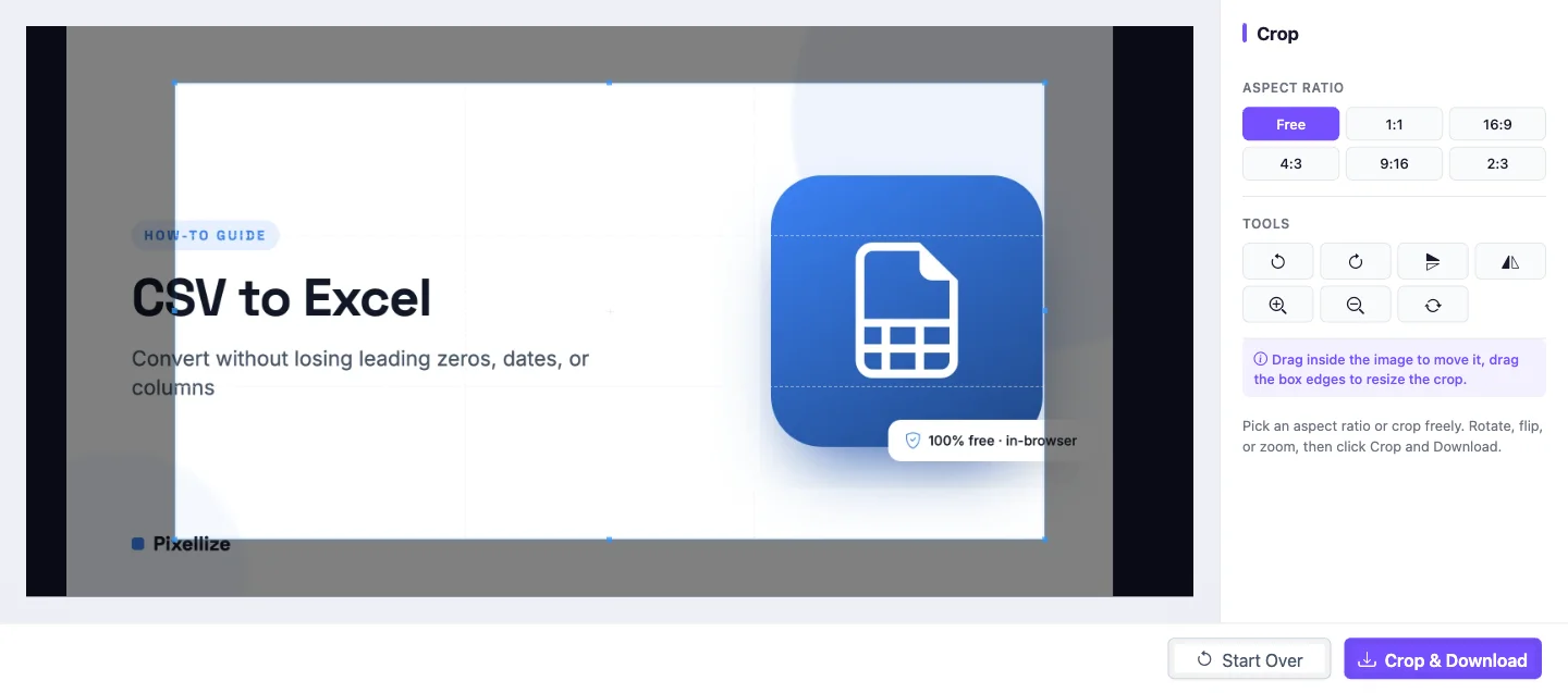 Pixellize crop image tool with aspect ratio presets