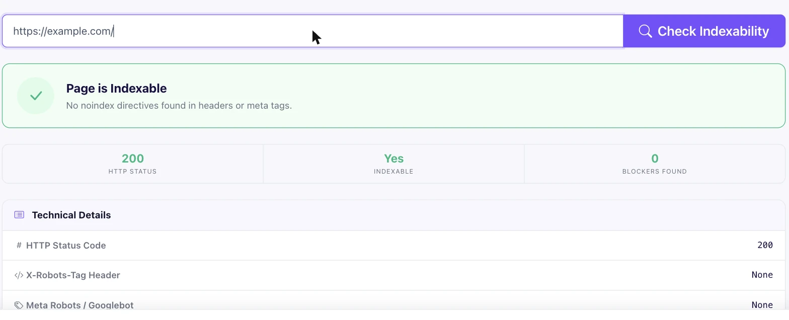 Pixellize noindex checker showing a page indexable verdict