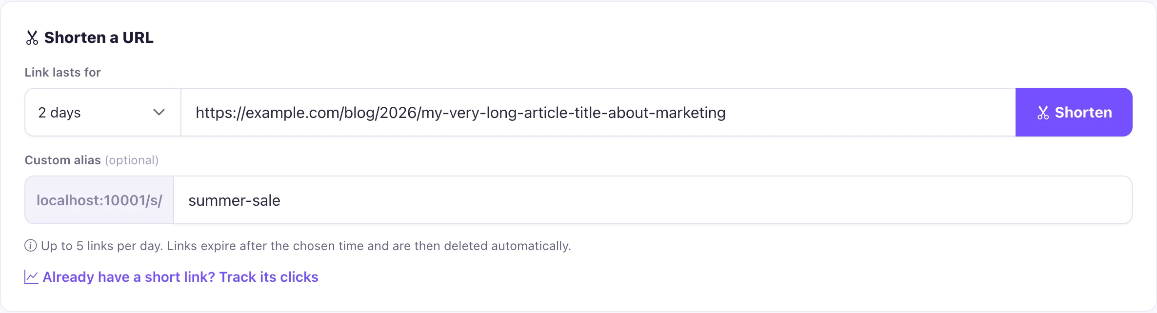Pasting a long URL and picking a custom alias in the shortener