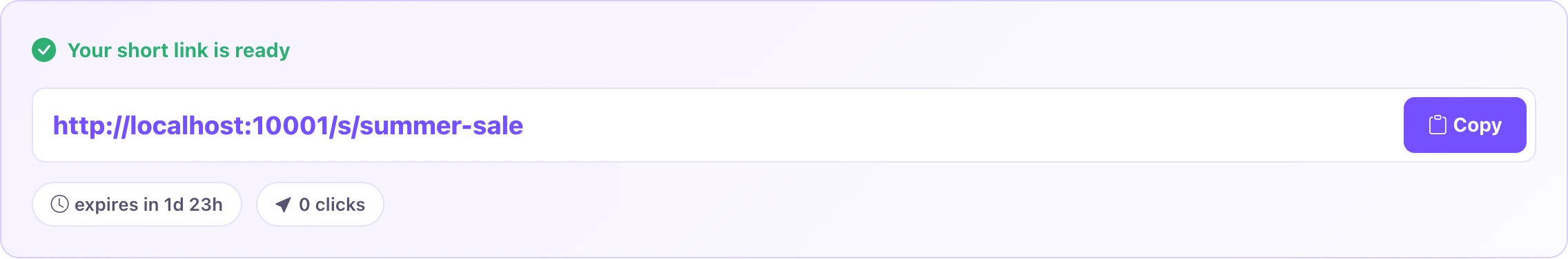 Short link created with copy button and expiry countdown