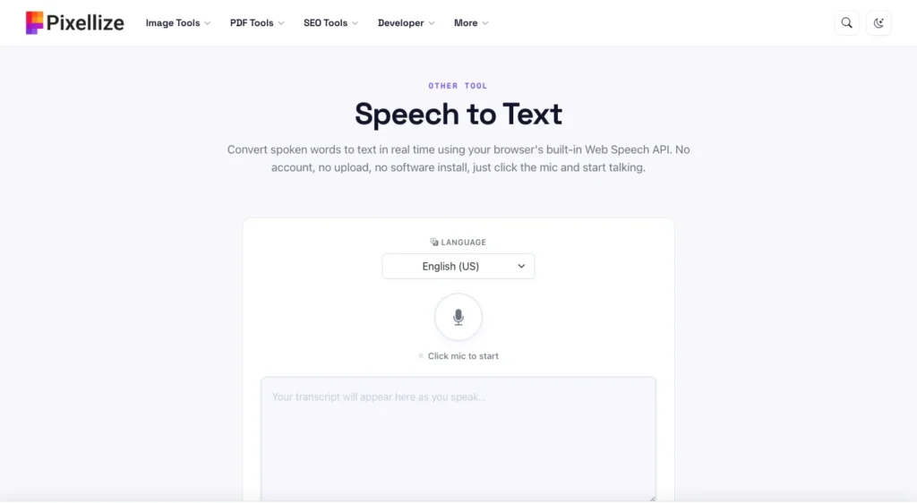 Pixellize speech to text tool open in a browser, ready to record