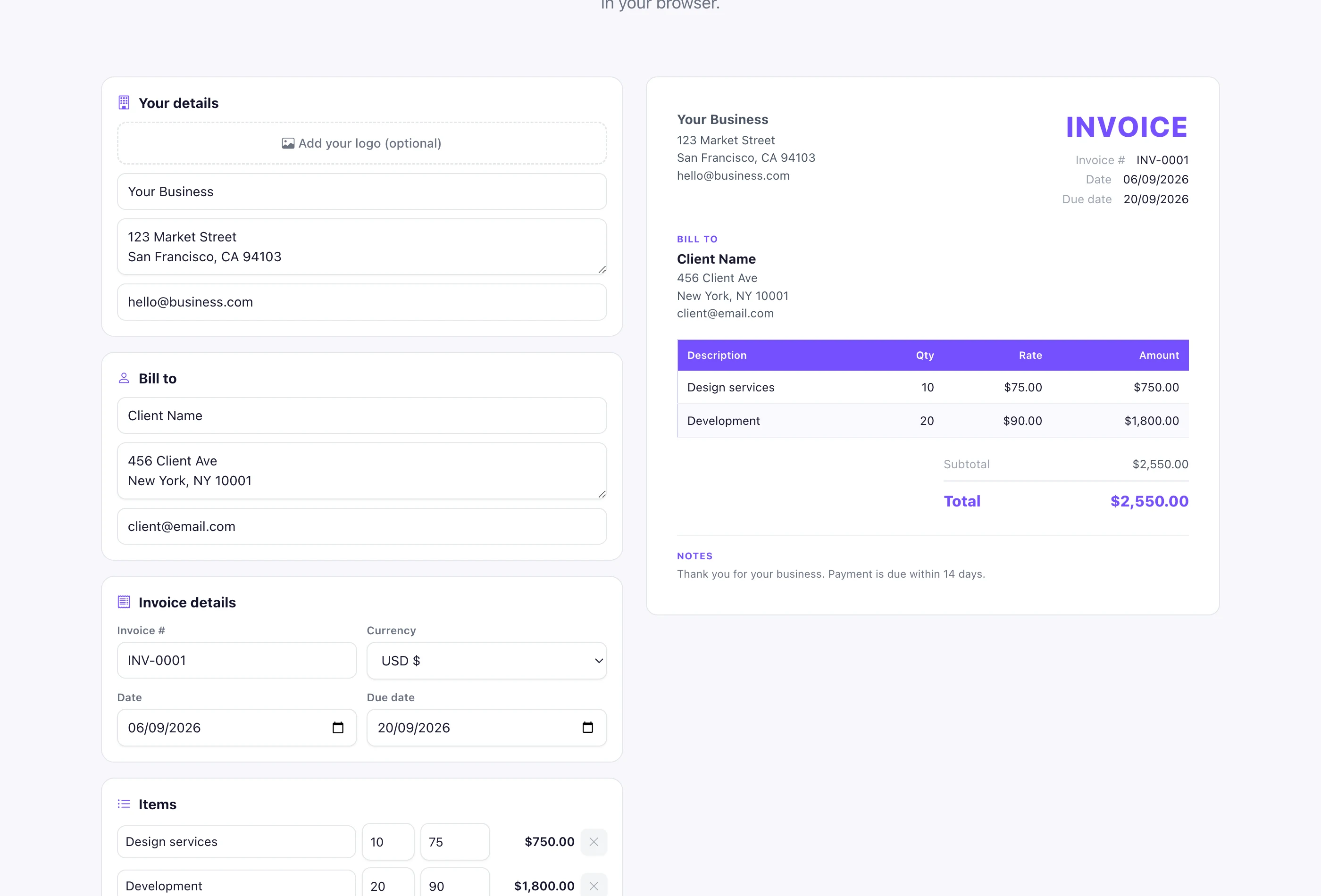 Pixellize invoice generator form and live preview