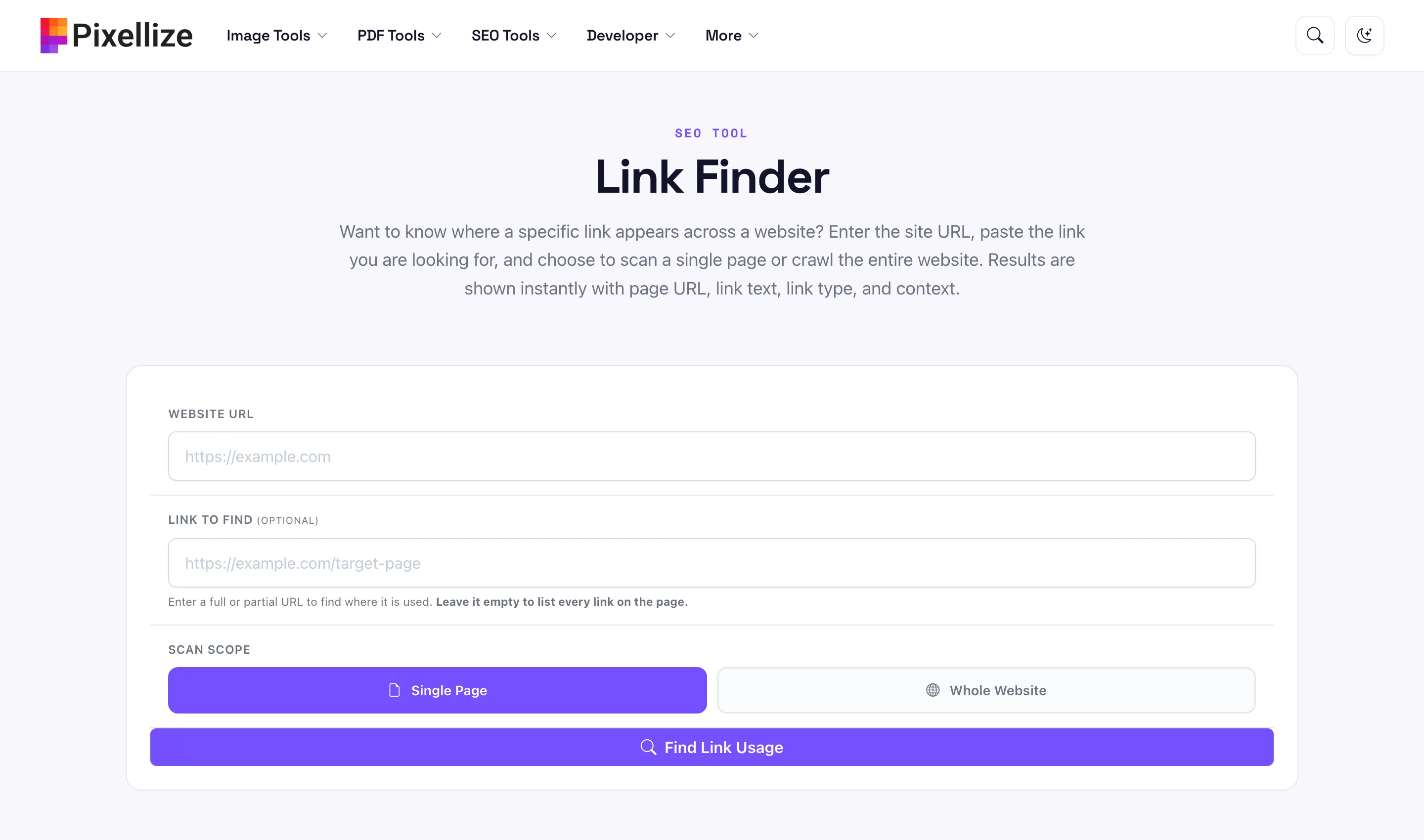 Pixellize Link Finder set to crawl a whole website and list every link