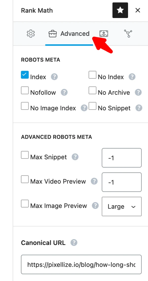The Advanced tab in the Rank Math sidebar