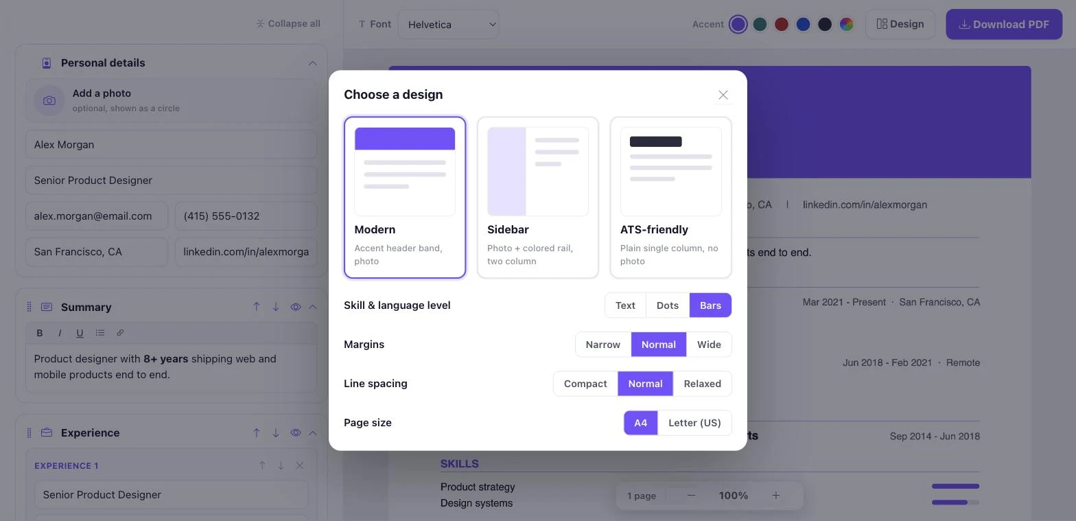 Choosing a layout, margins, line spacing, and page size in the Pixellize Design panel