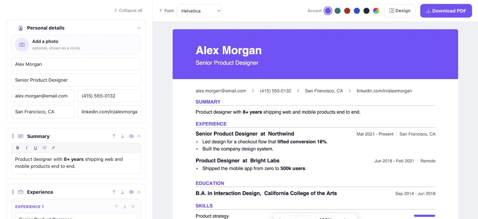Pixellize resume builder with a single-column resume in the live preview