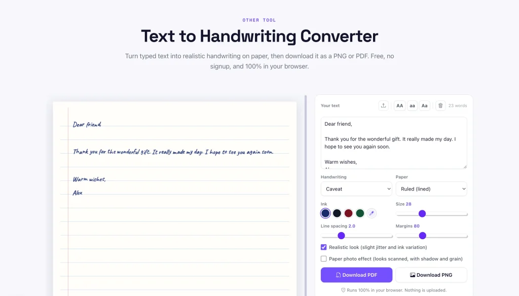 Text to handwriting converter interface showing font and paper settings