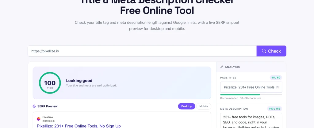 Title and meta description checker showing character counts and SERP preview