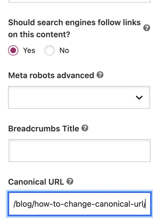 Yoast SEO Advanced tab showing the Canonical URL field