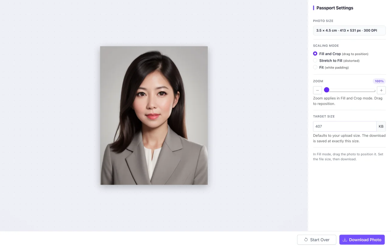 Passport photo editor at 3.5 x 4.5 cm with Fill and Crop, zoom, and target file size controls