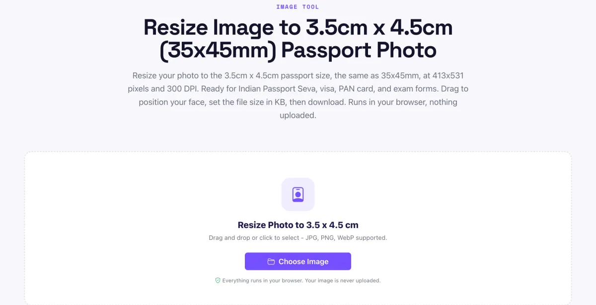 Pixellize tool that resizes a photo to 3.5cm x 4.5cm at 413 by 531 pixels