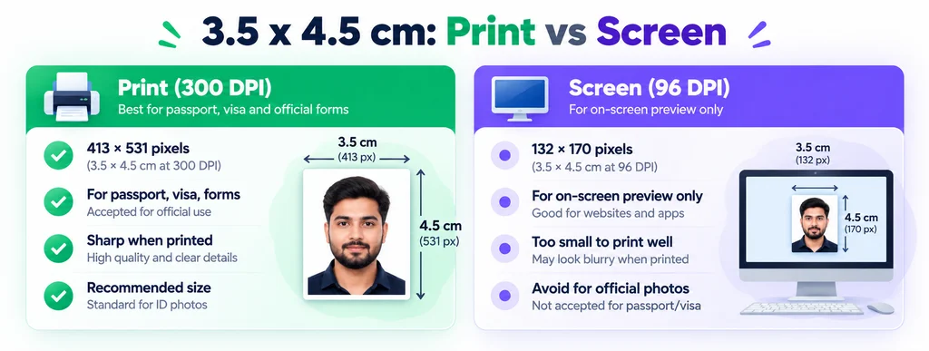 3.5 x 4.5 cm at 300 DPI is 413 by 531 pixels versus 96 DPI screen size 3.5 x 4.5 cm at 300 DPI is 413 by 531 pixels versus 96 DPI screen size