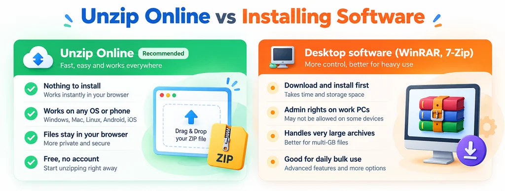 Comparison of unzipping files online versus installing desktop software