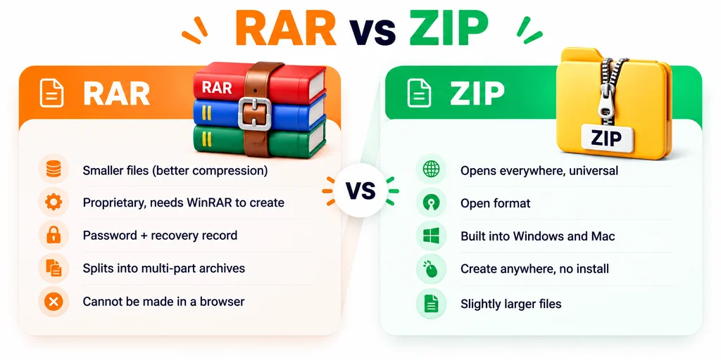 RAR vs ZIP comparison showing RAR needs WinRAR while ZIP opens everywhere RAR vs ZIP comparison showing RAR needs WinRAR while ZIP opens everywhere
