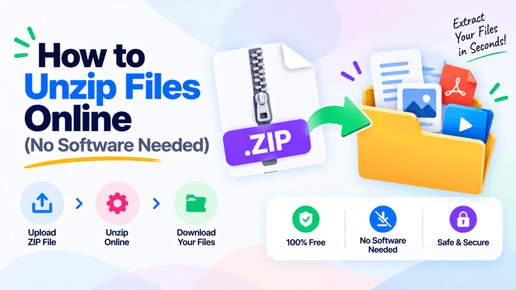 Unzip files online hero graphic with a browser window