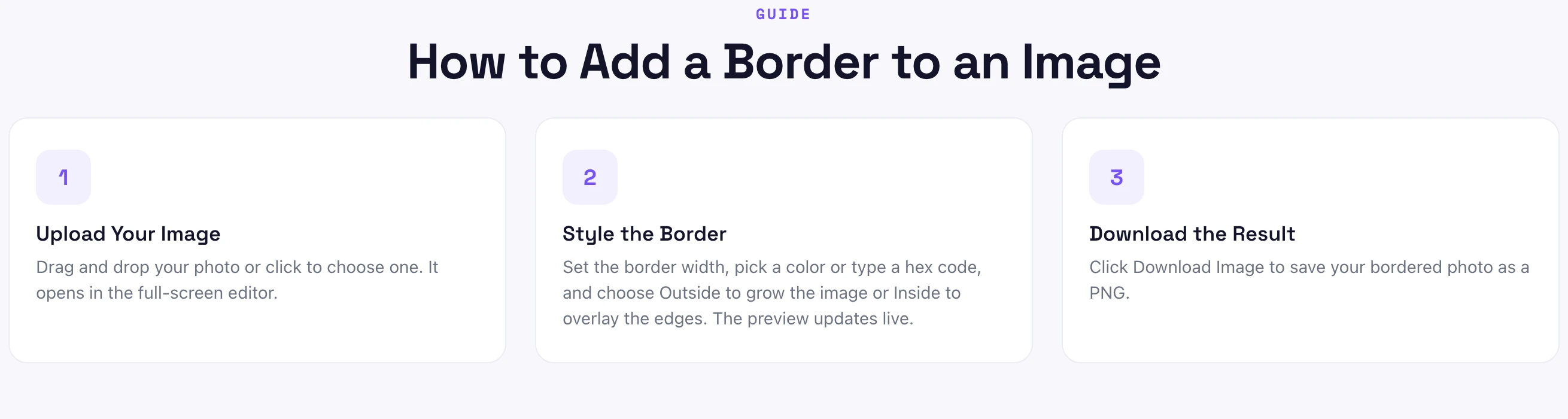 Three steps to add a border to an image: upload, style, download