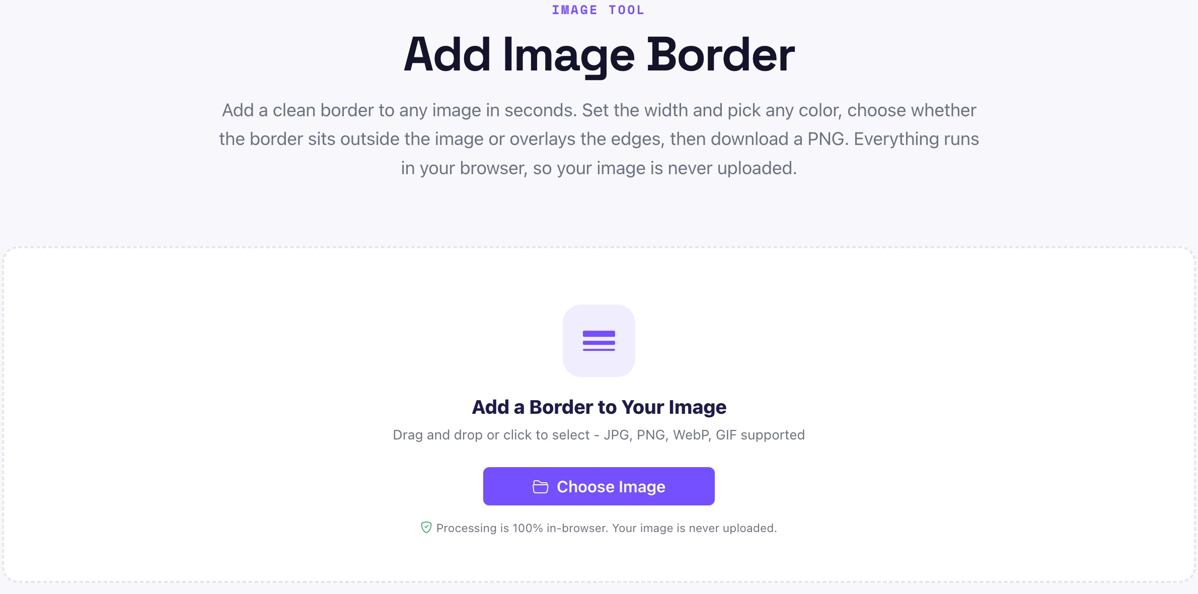 Pixellize Add Image Border tool upload screen