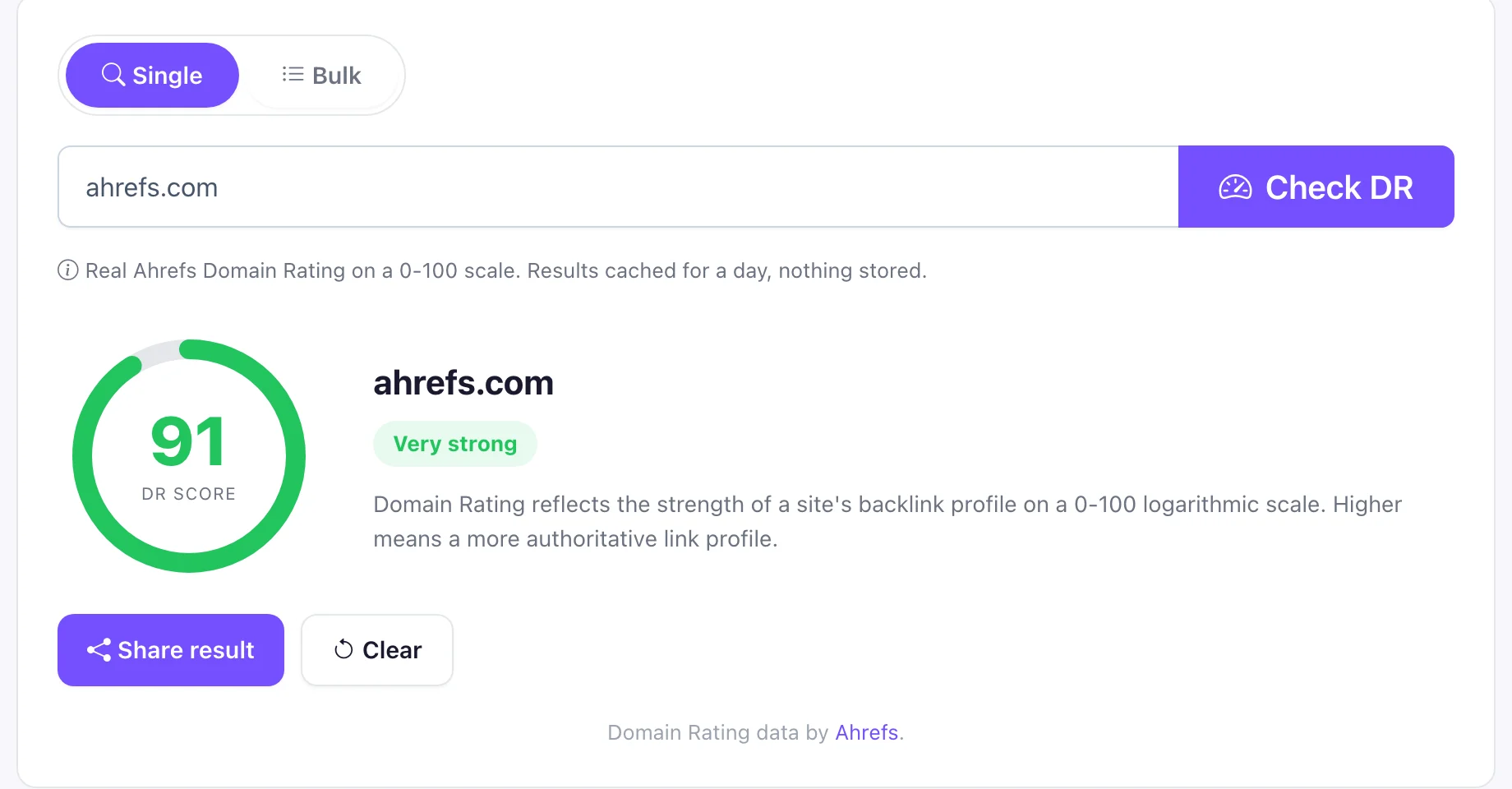 Domain rating result gauge showing a 91 DR score