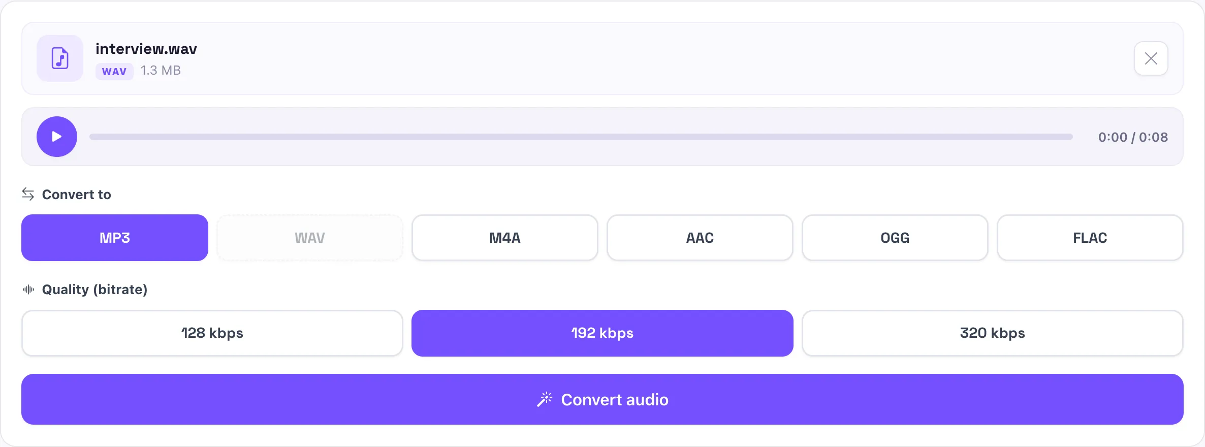 Step 2: pick MP3 and a bitrate in the audio converter