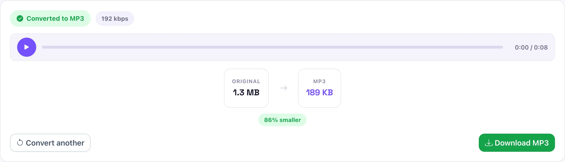 Step 3: converted MP3 result with size reduction and download button