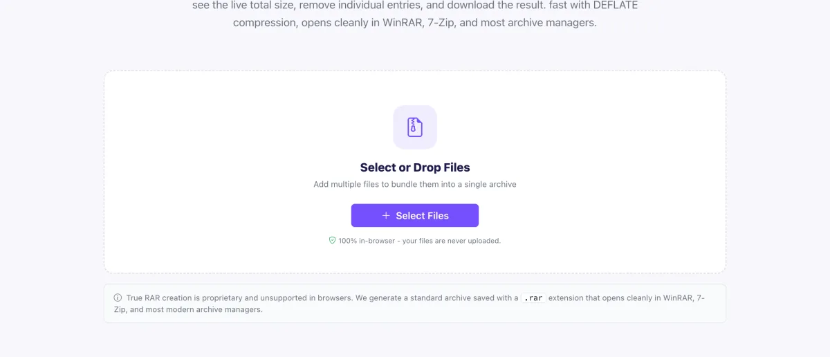 Pixellize create RAR file online tool with a drop zone and Select Files button