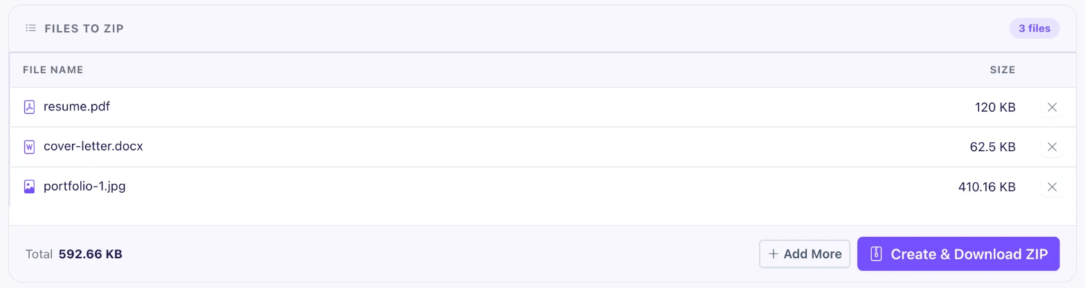 File list in the Pixellize Create ZIP File tool with the Create and Download ZIP button