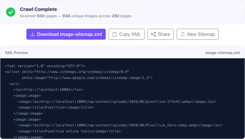 Download the finished image sitemap xml file