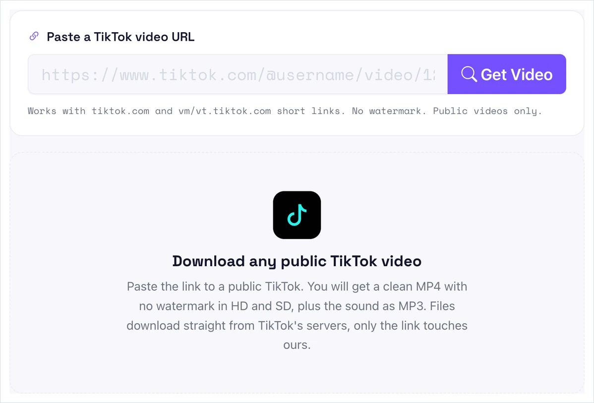 How to download TikTok videos without watermark: paste a public TikTok link into the Pixellize box