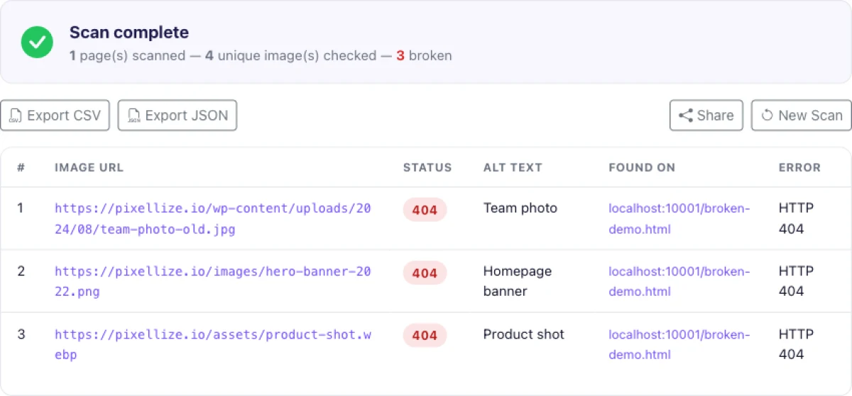 Step 3, the broken image report showing 404 status, alt text, and the page each image sits on