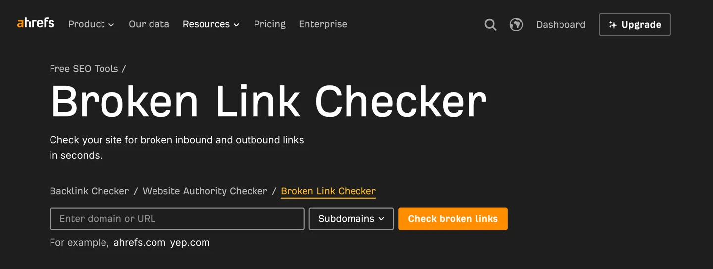 Ahrefs free Broken Link Checker with a domain input and Check broken links button