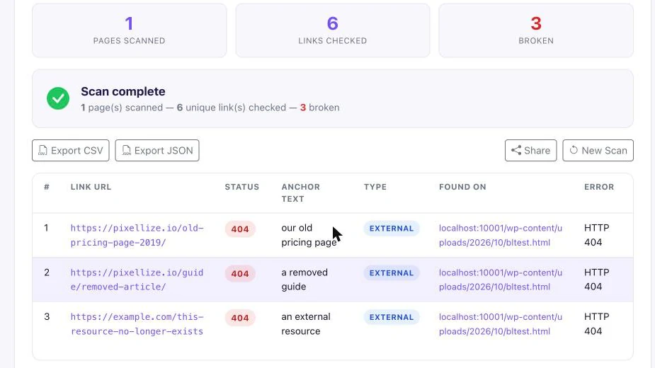 Broken link checker results table showing 404 status codes, anchor text, and where each link was found