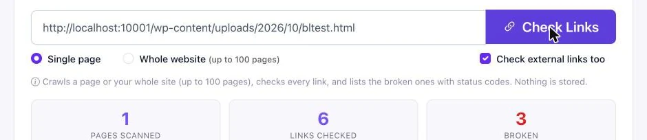 Broken link checker running a scan with live counts for pages, links, and broken links
