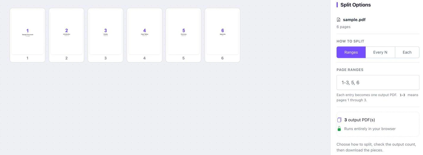 Split PDF editor showing page ranges 1-3, 5, 6 and 3 output files