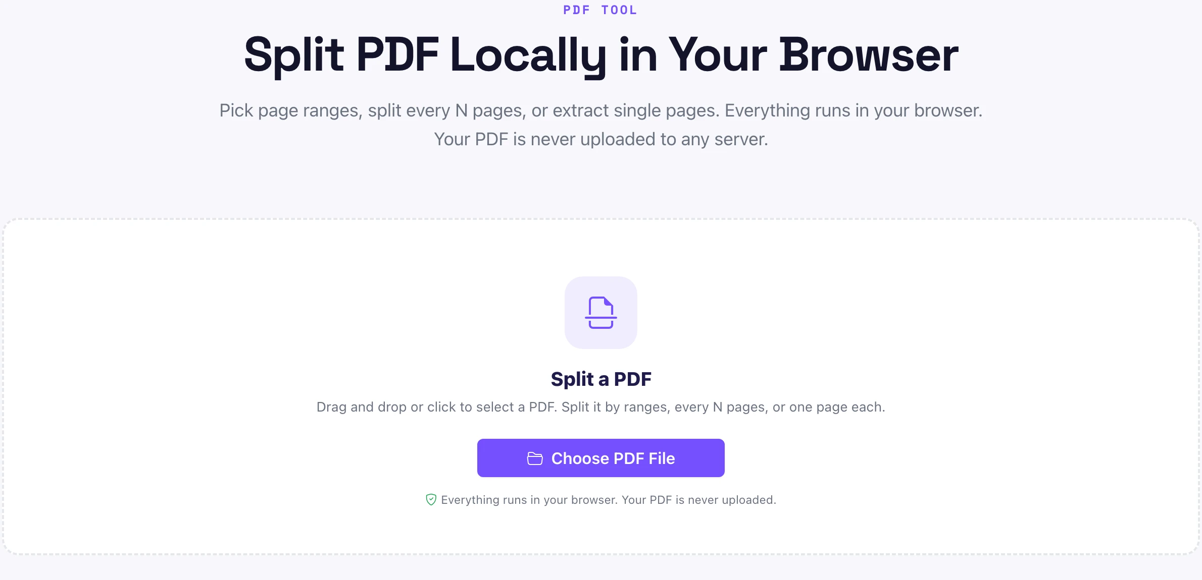 Pixellize Split PDF tool upload screen