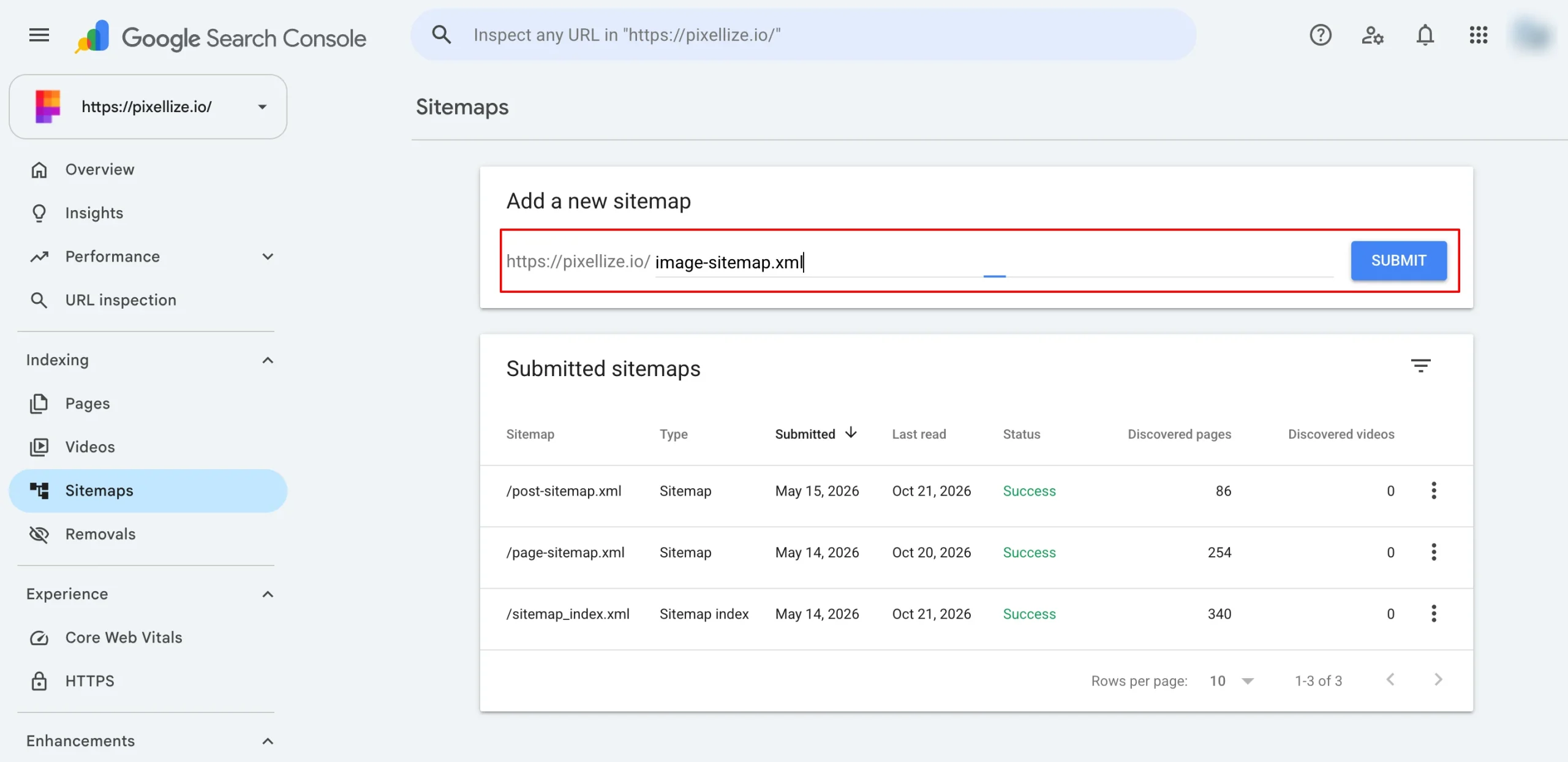 Enter image-sitemap.xml and click Submit in Google Search Console