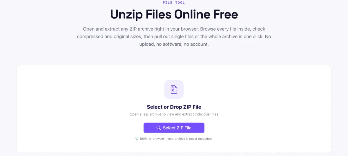Pixellize unzip files online tool with a select or drop ZIP file zone